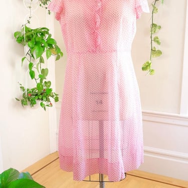 Vintage 1950s Day Dress | 50s Pink Floral Printed Sheer Nylon Shirtwaist Dress | large 