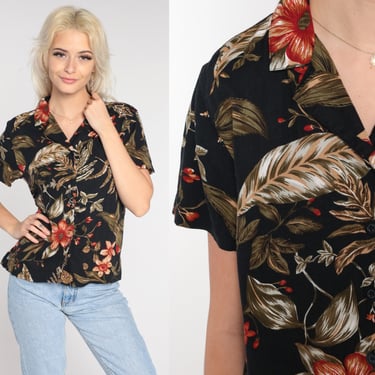 Black Floral Blouse Y2K Tropical Button Up Shirt Flower Print Short Sleeve Top Collared White Stag Summer Bohemian Orange Vintage 00s Small 