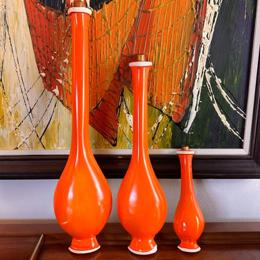 Set of 3 Mid Century Orange and Gold Chalkware Vases Wall Plaques 