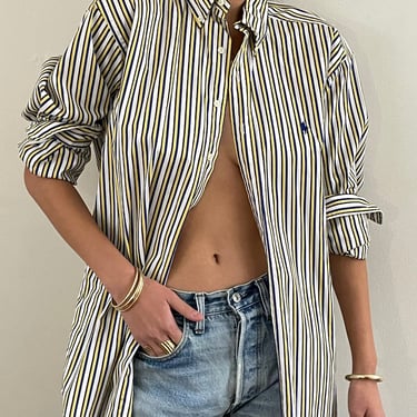 90s Ralph Lauren shirt / vintage white blue yellow pinstripe polished cotton button down oversized boyfriend menswear collared shirt | L 
