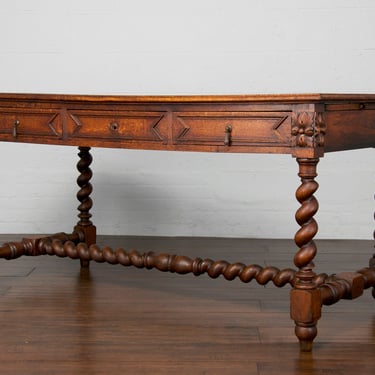 19th Century French Louis XIII Style Barley Twist Provincial Oak Writing Desk W/ Leather Top 