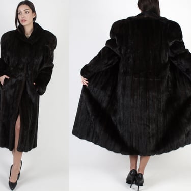 Mid Length Mink Coat Mahogany / Womens Mink Fur Jacket With Pockets / Vintage 80s Long Real Fur Luxurious Overcoat 
