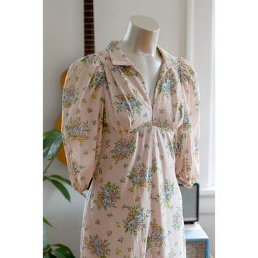 Vintage Boho Maxi Dress - 1970s - Floral Prairie Dress - Light Pink 