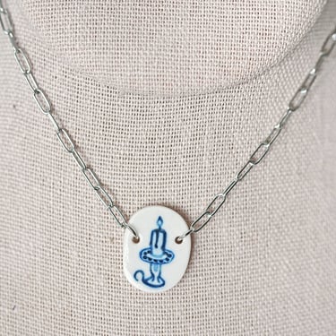 Candlestick Charm Necklace, Blue and White Modern Jewelry, Hand Painted Necklace, Porcelain Ceramic Jewelry, Paperclip Stainless Steel Chain 