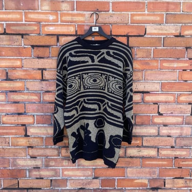 vintage 90s black and gold abstract sweater / l large 