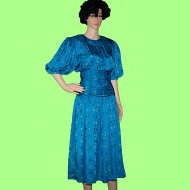 Vintage 1980s Turquoise Silk Midi Dress | Medium | i-18 