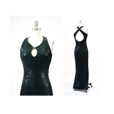 90s 2000s y2k Vintage Black Evening Gown Dress Black Metallic Rhinestone Velvet Dress XS Small Petite// Vintage Dress Black Velvet XS Small 