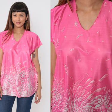 70s Floral Top Pink Tropical Blouse Lettuce Edge Hem Hippie Shirt Boho Flutter Sleeve V Neck Leaf Print 1970s Bohemian Shirt Vintage Large L 