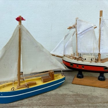 Vintage Small Wooden Sailboats, Sailing Sailors, Home Decor, Set Of 2 Wood Sailboarts, Blue Red, Nautical Decor, Patriotic 