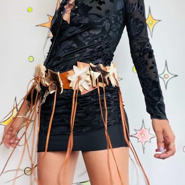 Vintage Brown Leather & Cowhide Fringe Belt w Star Patches Western Boho Grunge 