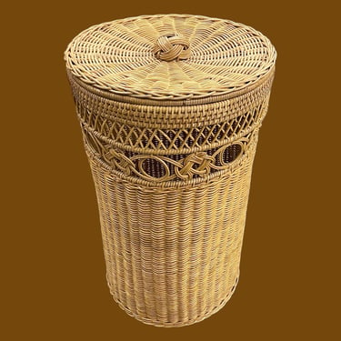 Vintage Wicker Hamper Retro 1980s Bohemian + Tan + Woven + Cylinder Shaped + With Lid + Dirty Clothes Storage + Boho Bathroom or Bedroom 