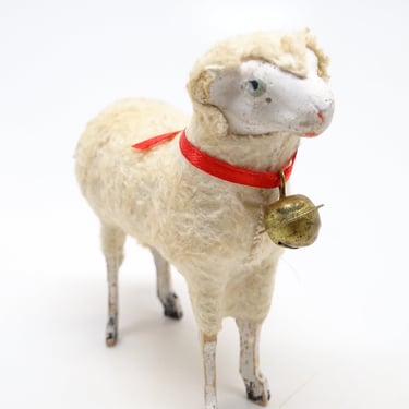 Antique 1930's German 3 1/2 Inch Wooly Sheep with Bell, for Putz or Christmas Nativity 