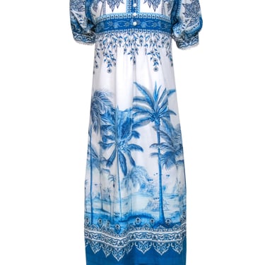 Farm - White &amp; Blue Scenic Palm Tree Print Cotton Maxi Dress Sz S