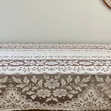 Vintage Large Lace Knit Tablecloth - Leaves & Floral Design - Ivory and Tan (104