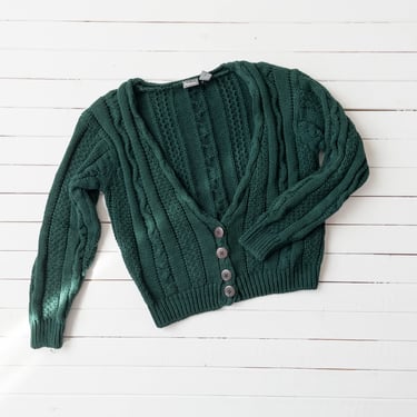 dark green sweater | 80s 90s vintage forest green cable knit dark academia cropped cardigan 
