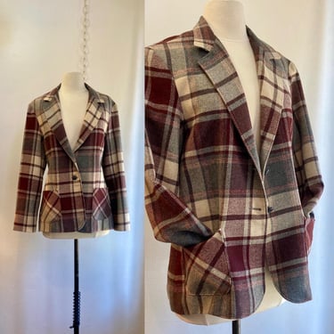 Vintage 80s PLAID Blazer / Burgundy + Gray + Beige / Patch Pockets + Lined / Ten Four 