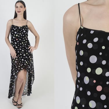 Black Y2K Asymmetrical Dress, Spaghetti Strap Prom Gown, Long Polka Dot Print, High Low Hem 