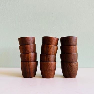 Midcentury teak shot glasses / set of 12 / hand-carved wooden cups for MCM tiki bar cart 