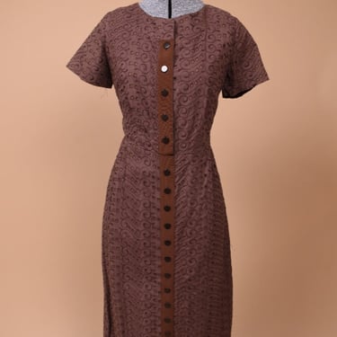 Brown 60s Chocolate Swirl Embroidered Dress By Mann Mate, M/L