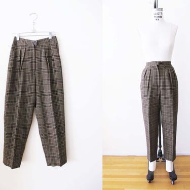 Vintage 90s Brown Plaid High Waist Wool Trouser Pants XS 24 Petite - 1990s Houndstooth Preppy Academia Pant Tapered Leg 
