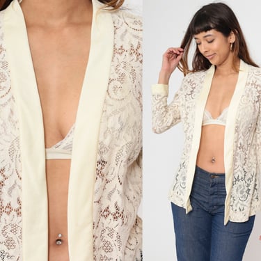 70s Cream Lace Jacket Sheer Cardigan Jacket Boho Hippie Cardigan Jacket Vintage Open Front 1970s Bohemian Romantic Small S 