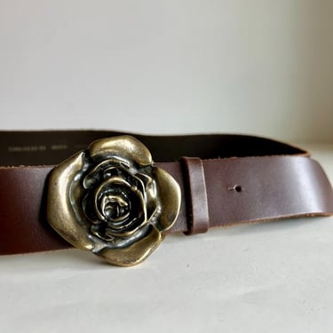 Vintage Brass Rose Buckle with a Brown Genuine Leather Belt - M 