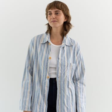 Vintage Blue Cream Striped Flannel Shirt Jacket | British 50s 60s Stripe Cotton Pajama shirt | S M | SJ049 