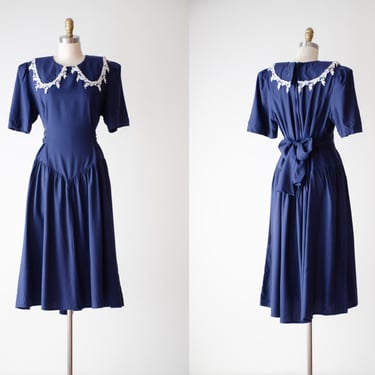 cottagecore dress | 80s 90s plus size vintage navy blue lace collar tie back midi dress 