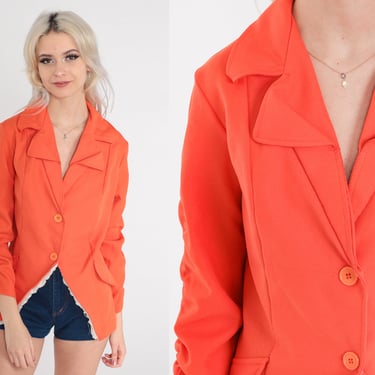 Orange 70s Blazer 70s Ruched DIY Notched Collar Hippie Boho Button Up 1970s Polyester Vintage Retro Bohemian Preppy Upcycled Small xs s 