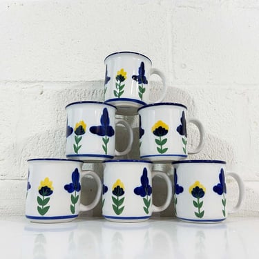 Vintage Dansk San Nicolo Mugs Coffee Tea Cobalt Blue Yellow Flowers Floral Set of 6 Mid Century Indonesia Cups Mid-Century Kitchen 