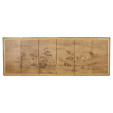 Japanese 19th Century Meiji Six Panel Screen Peasant Landscape