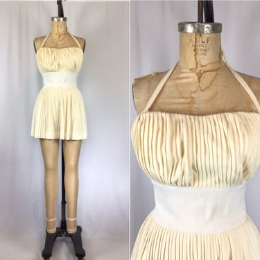 Vintage 50s swimsuit | Vintage cream knit pleated one piece | 1950s Carolyn Schnurer bathing suit 