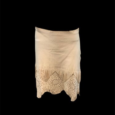 +++++ DESCRIPTION Jean Paul Gaultier Femme White Leather Fringe Skirt with Laser Cut Outs