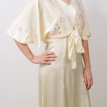 1930s Silk White Bed Jacket with Floral Embroidery and Matching Nightgown