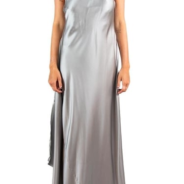 1990S Brunello Cucinelli Silver Silk One Shoulder Gown With Sparkle Metal Detail 