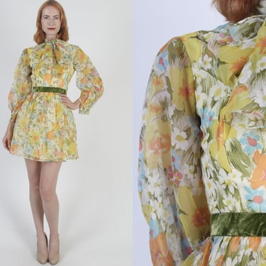 60s Garden Floral Dress Pussybow Collar Springtime Outfit Vintage Chiffon Full Skirt Mini Sundress 
