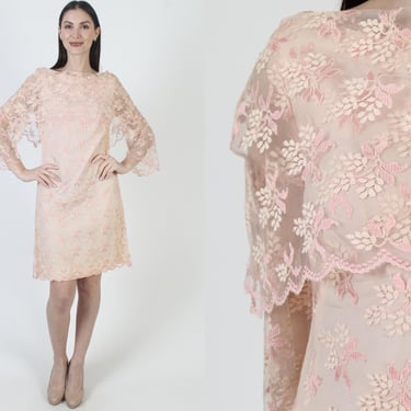 All Lace Illusion Mini Dress, 50s Elegant Bell Sleeves, See Through Sheer Material, Mid Century Modern 