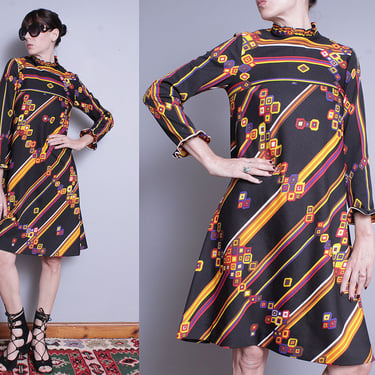 Vintage 1960's/1970's | Black | Geometric Print | Empire Waist | Dress | S 