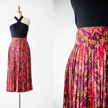 paisley midi skirt | 80s 90s vintage Liz Claiborne rust red purple yellow dark academia pleated skirt 