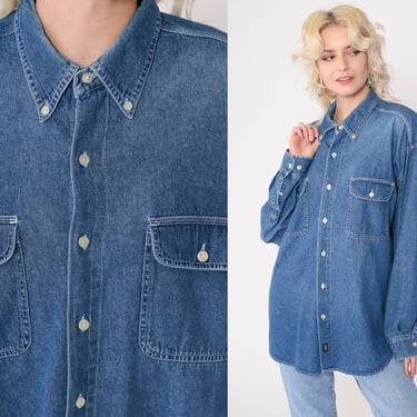 90s Jean Shirt Men's Blue Denim Button Up Utility Chest Pocket Blue Grunge Long Sleeve Boyfriend Shirt Chambray Cotton Vintage 1990s Large L 