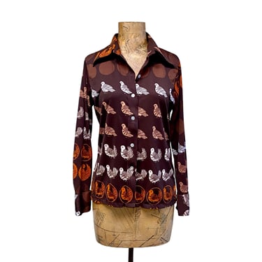 Vintage 1970s Brown Novelty Bird Print Top, Earth Tone Pigeons, Long Sleeve Polyester, 70s Casual Disco Era Blouse, Small 36