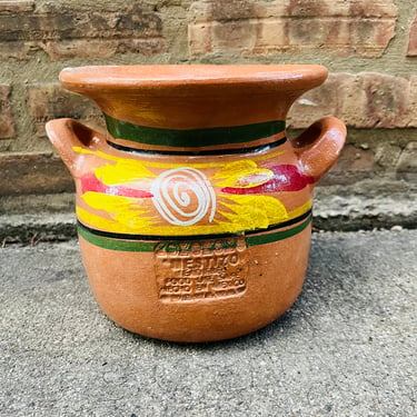 Old Mexican Red Pottery Bean Lead Free Hand Painted Pot by LeChalet