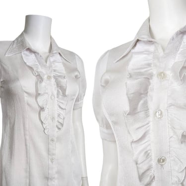 White Puff Sleeve Blouse, Small / Vintage Y2K Steampunk Style Cocktail Blouse / Shimmery Ruffled Button Shirt 