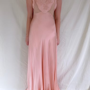 1930's Pink Silk Satin Slip with Bow Embroidery