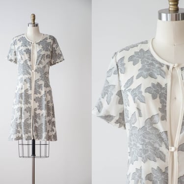sheer kimono jacket | 80s 90s vintage white cream gray floral see through short sleeve jacket cover up 