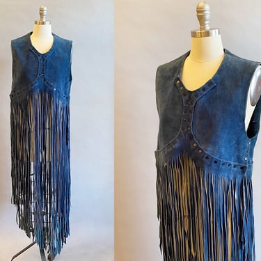 1960's Fringed Vest / Blue Suede Vest with Long Fringe / 1970s Fringed Vest / Burning Man Clothing / Size Medium 
