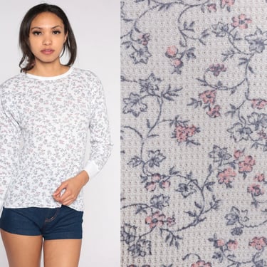 Floral Thermal Shirt Y2K White Waffle Knit Shirt Long, Shop Exile