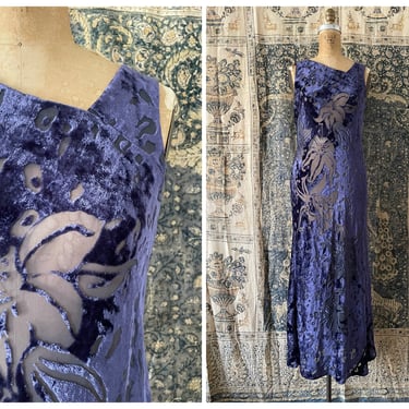 Vintage ‘90s Carole Little burnout velvet maxi dress | goth, purple rayon velvet, petite 8 - fits S/M 