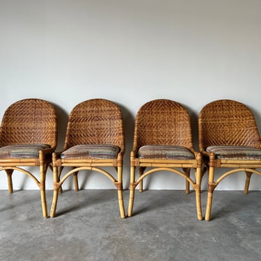 Vintage Coastal  Boho Chic Bamboo &  Rattan  Dining Chairs - Set Of 4 