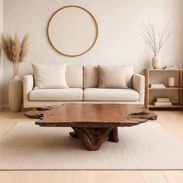 Live Edge Wood Coffee Table – Sculptural Natural Slab Table, Organic Modern Style, Brutalist Mid Century, 54